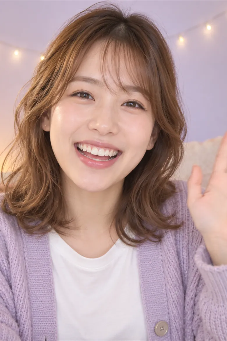 ノートパソコンのカメラに向かって、笑いながら手をふる女性(AIでつくったイメージ)